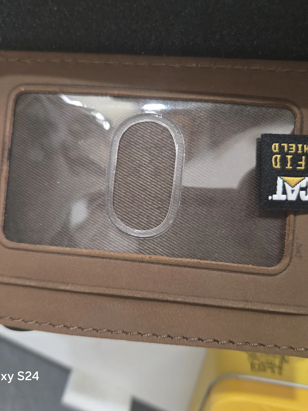 Caterpillar Brown Leather Money Clip with Yellow Logo Tin